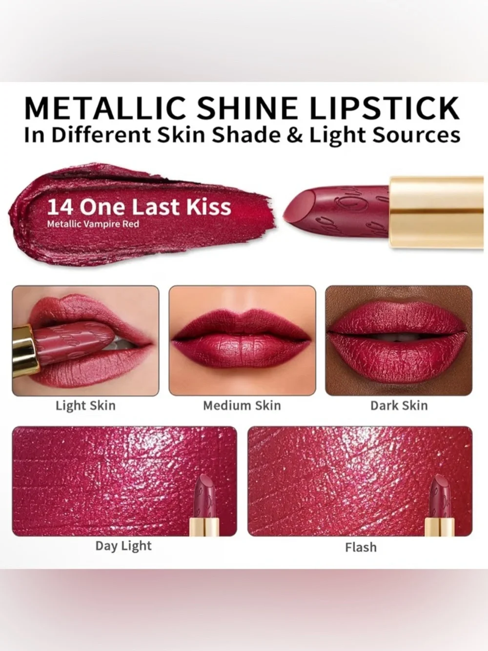 OULAC Metallic Shine Lipstick, Wine Red, One Last Kiss (14) NIP